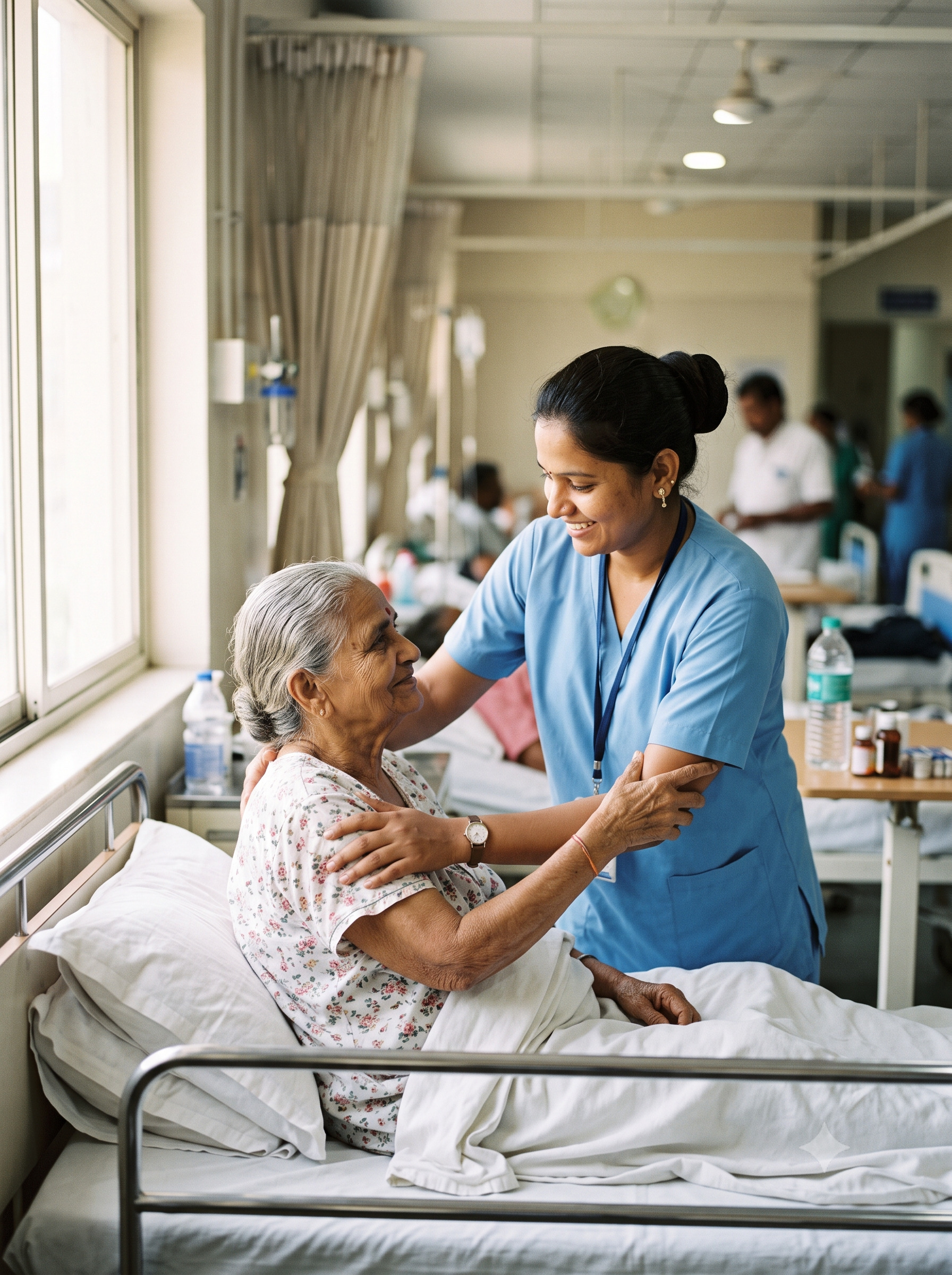 Caregiver assisting elderly patient in hospital ward