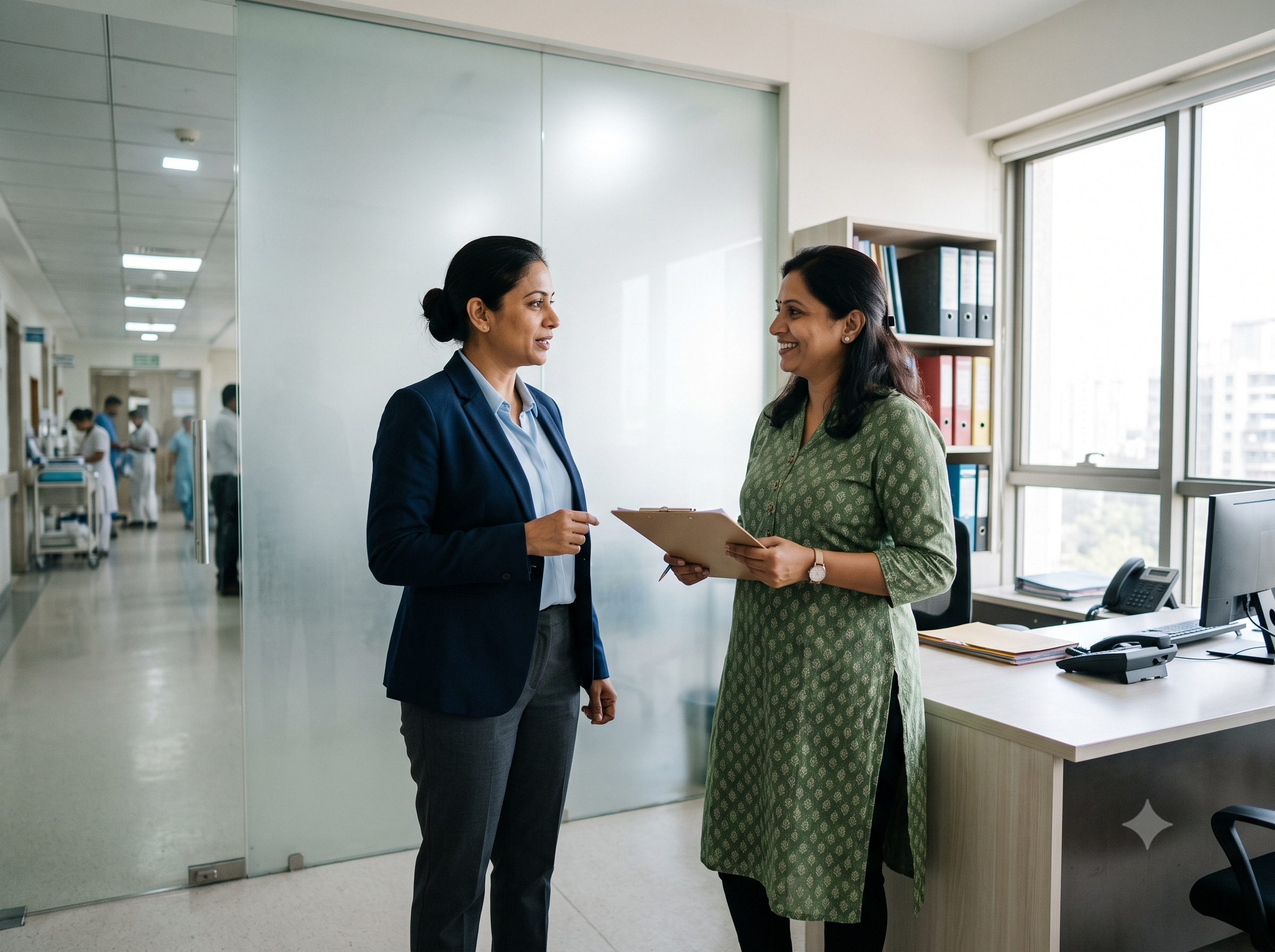 Hospital administrator in discussion with staffing coordinator